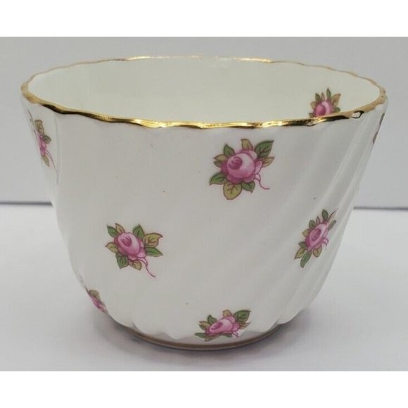 Vtg Ansley Bone China Pudding Cup Pink Roses England Gold Rim Wave Design - Picture 5 of 11
